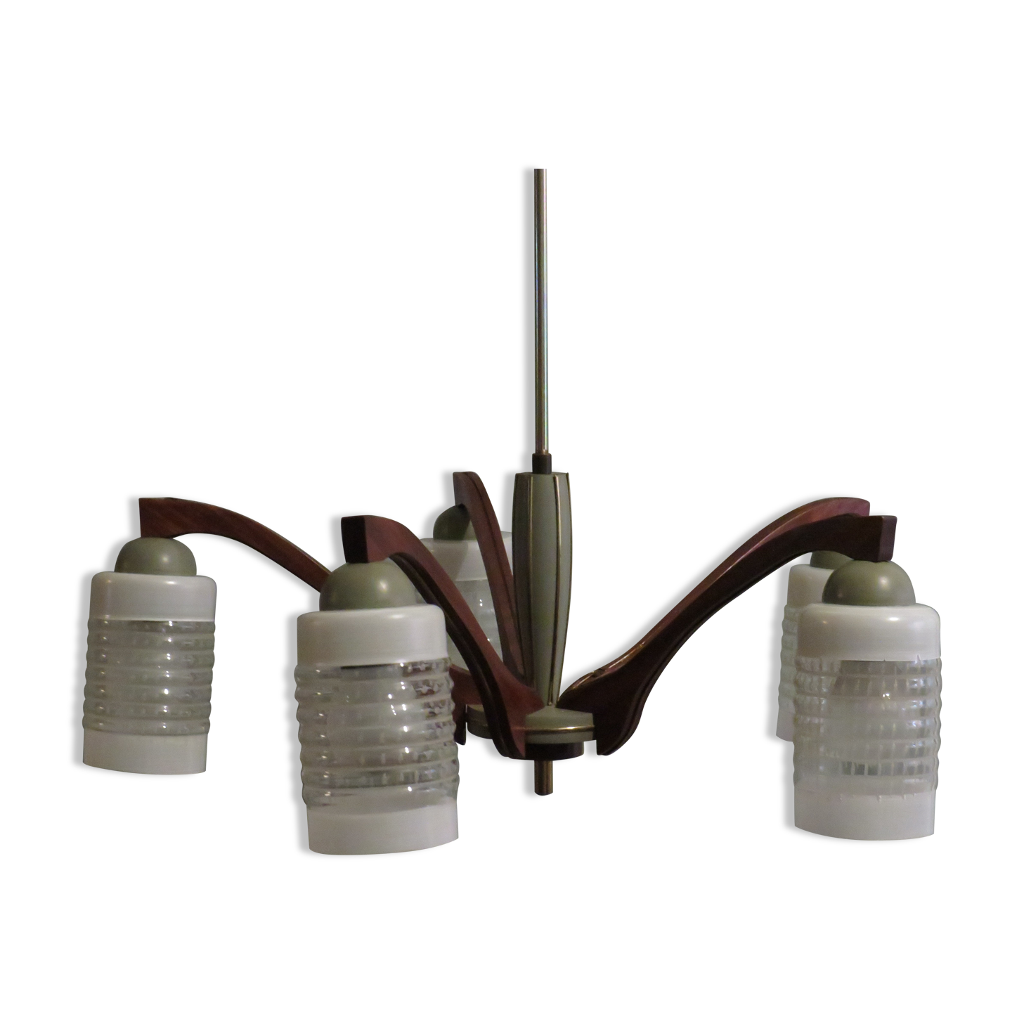 Chandelier, teak and engraved glass, 1950 Italy