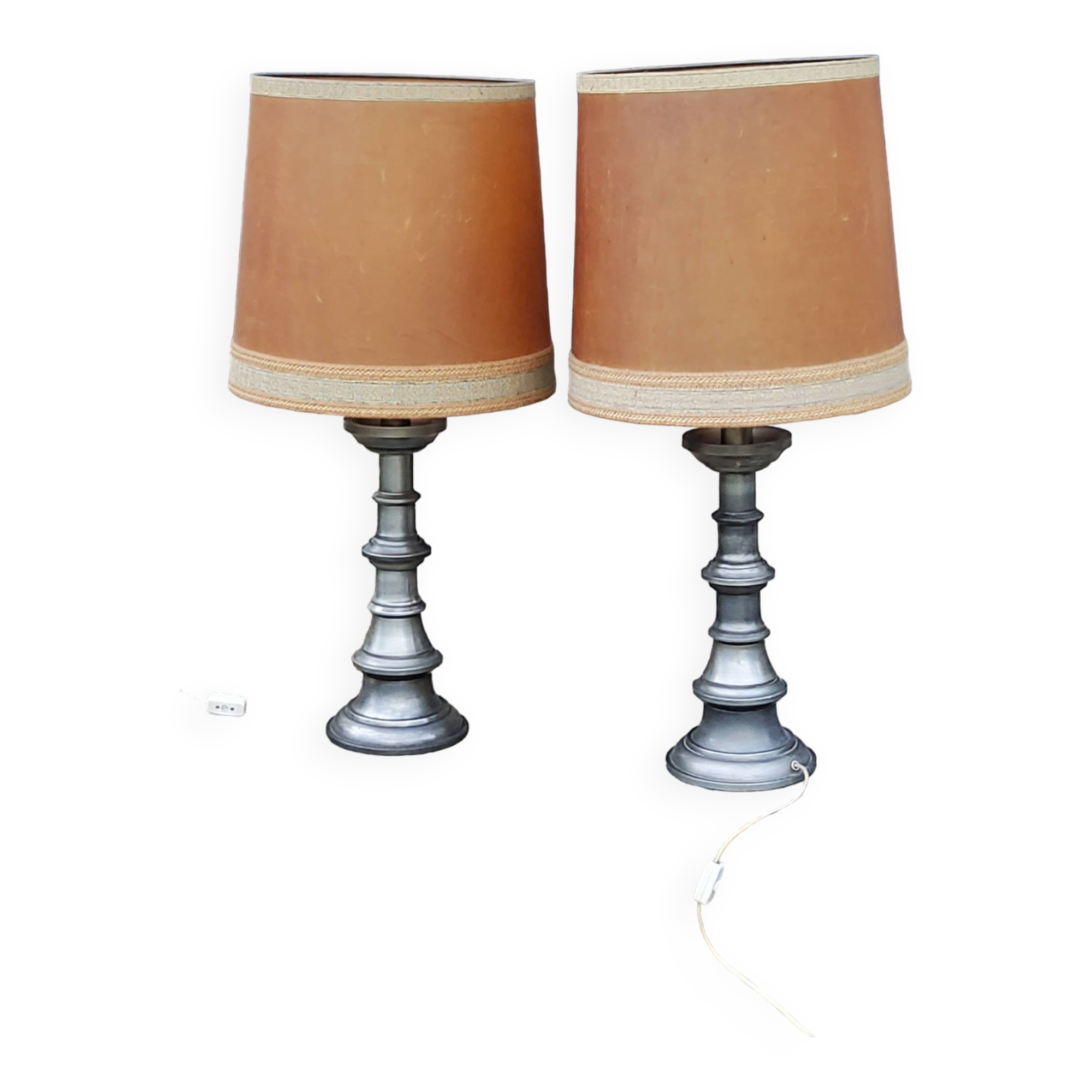 Pair of 70s Kaiser Leuchten lamps in brushed metal with original shades