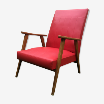 Pair of Scandinavian-style armchairs wood and red skai