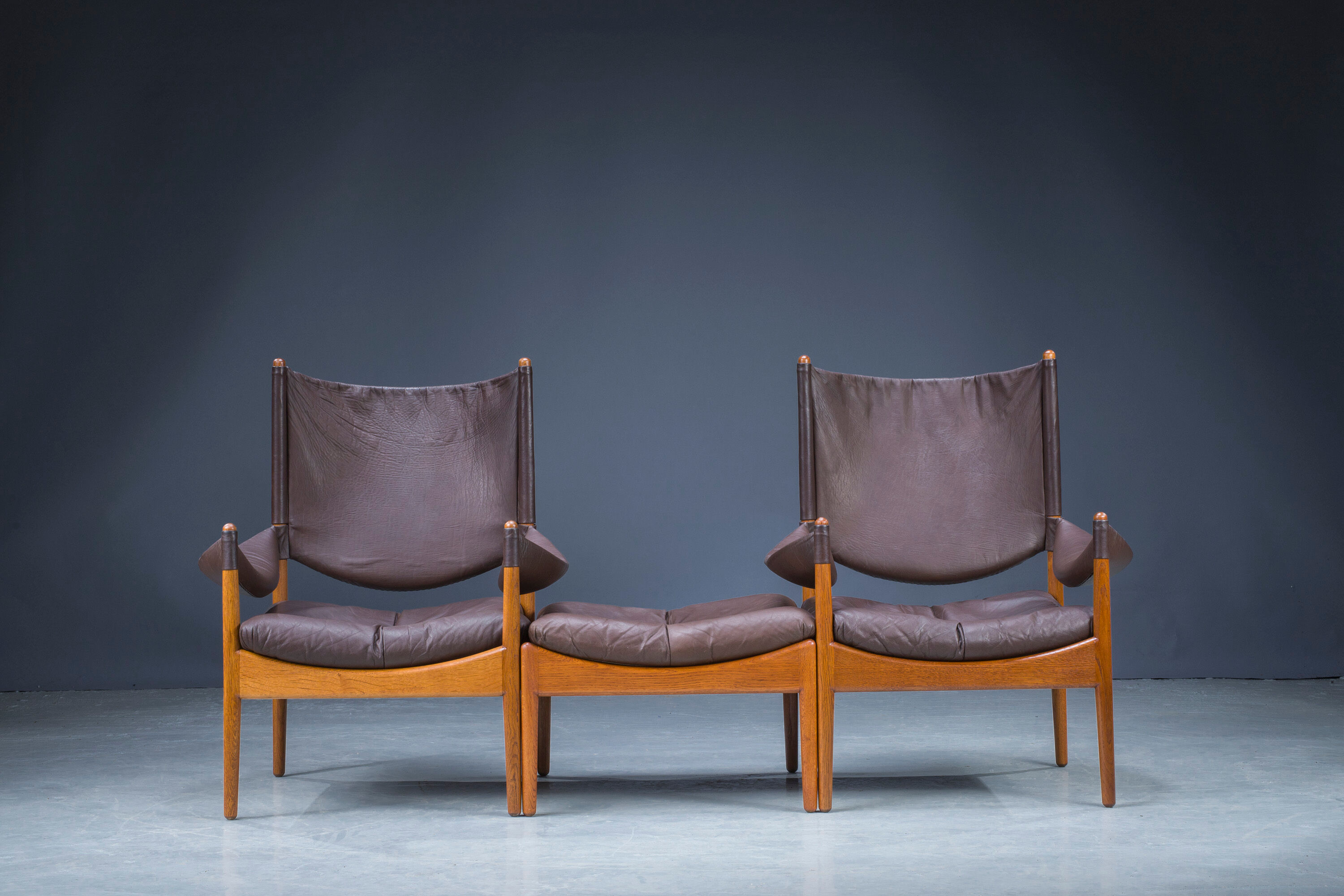 Mid-century danish oak and leather lounge chairs & ottoman by kristian vedel, 1960s, set of 3