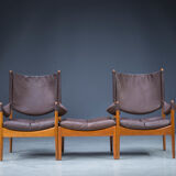 Mid-century danish oak and leather lounge chairs & ottoman by kristian vedel, 1960s, set of 3