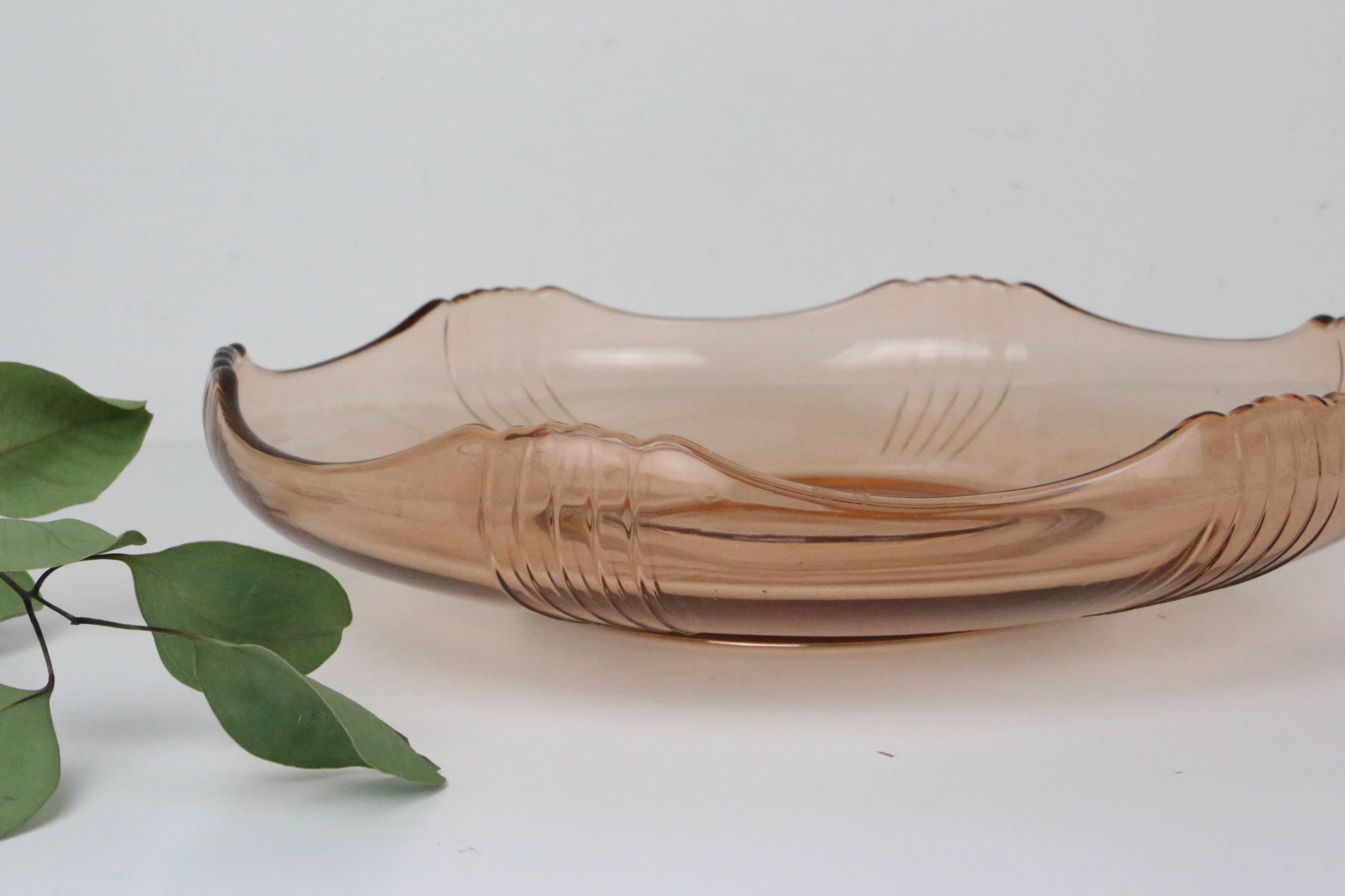 Round pink glass dish, empty pocket or salad bowl, molded glass, art deco
