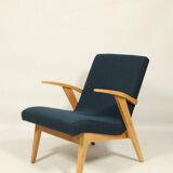 Fauteuil vintage scandinave bleu marin bouclé design moderne milieu siècle