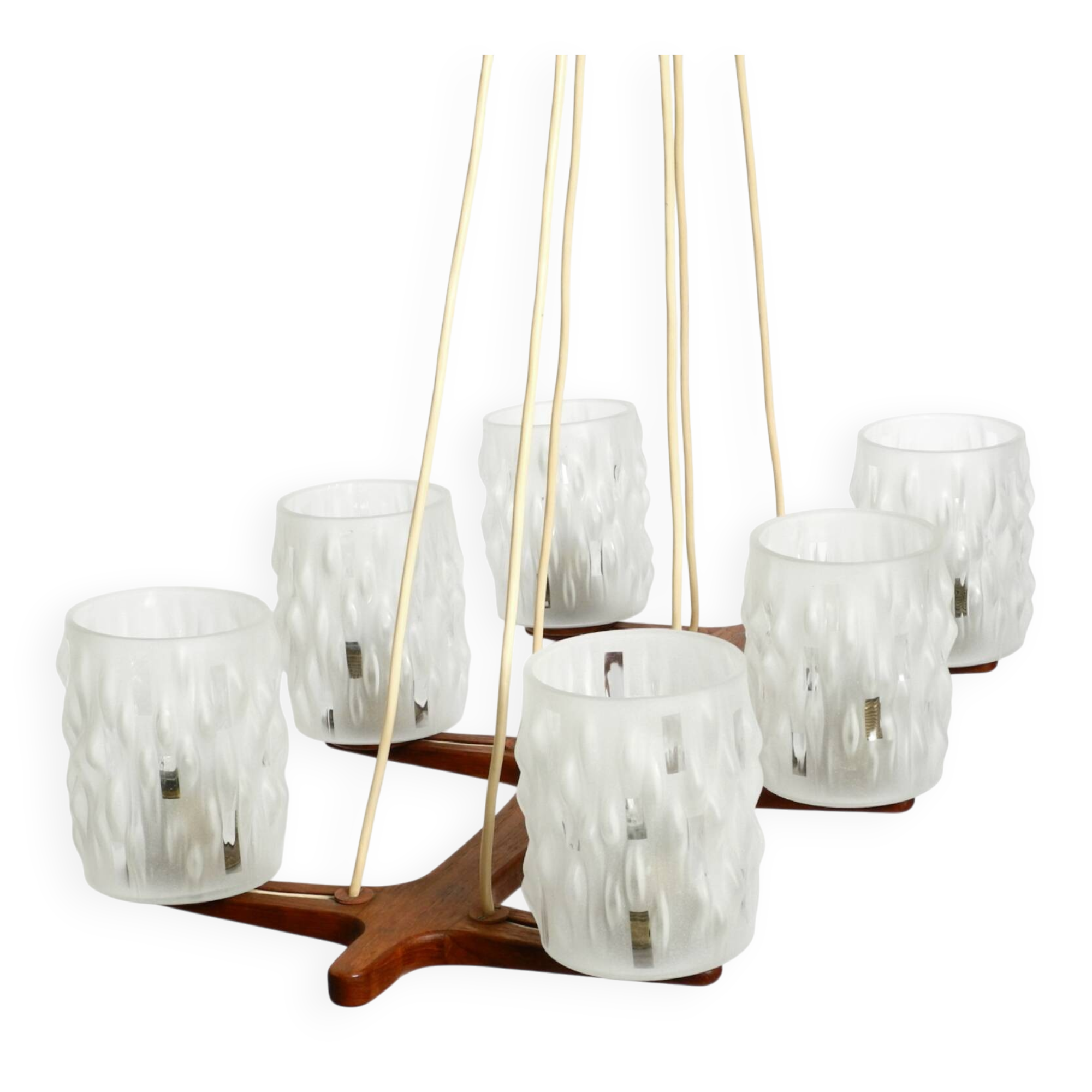 Beautiful 6-armed Scandinavian 1960s ceiling lamp made of teak and with gla