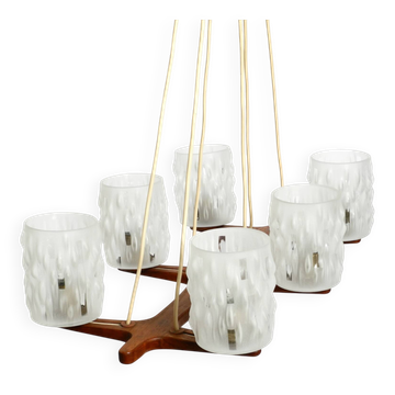 Beautiful 6-armed Scandinavian 1960s ceiling lamp made of teak and with gla