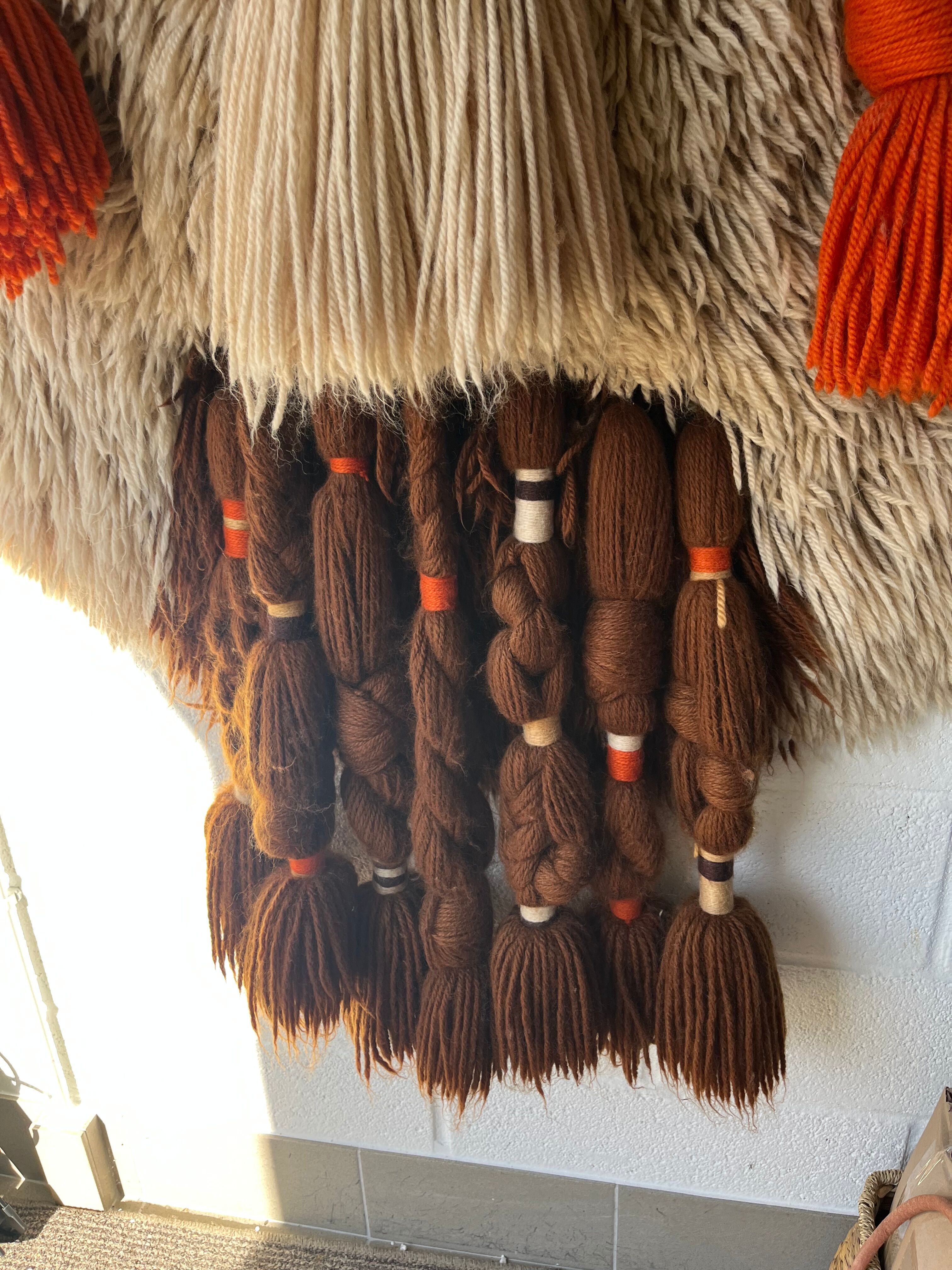 Handmade woven wool wall tapestry from the 70s and 80s, vintage macramé.