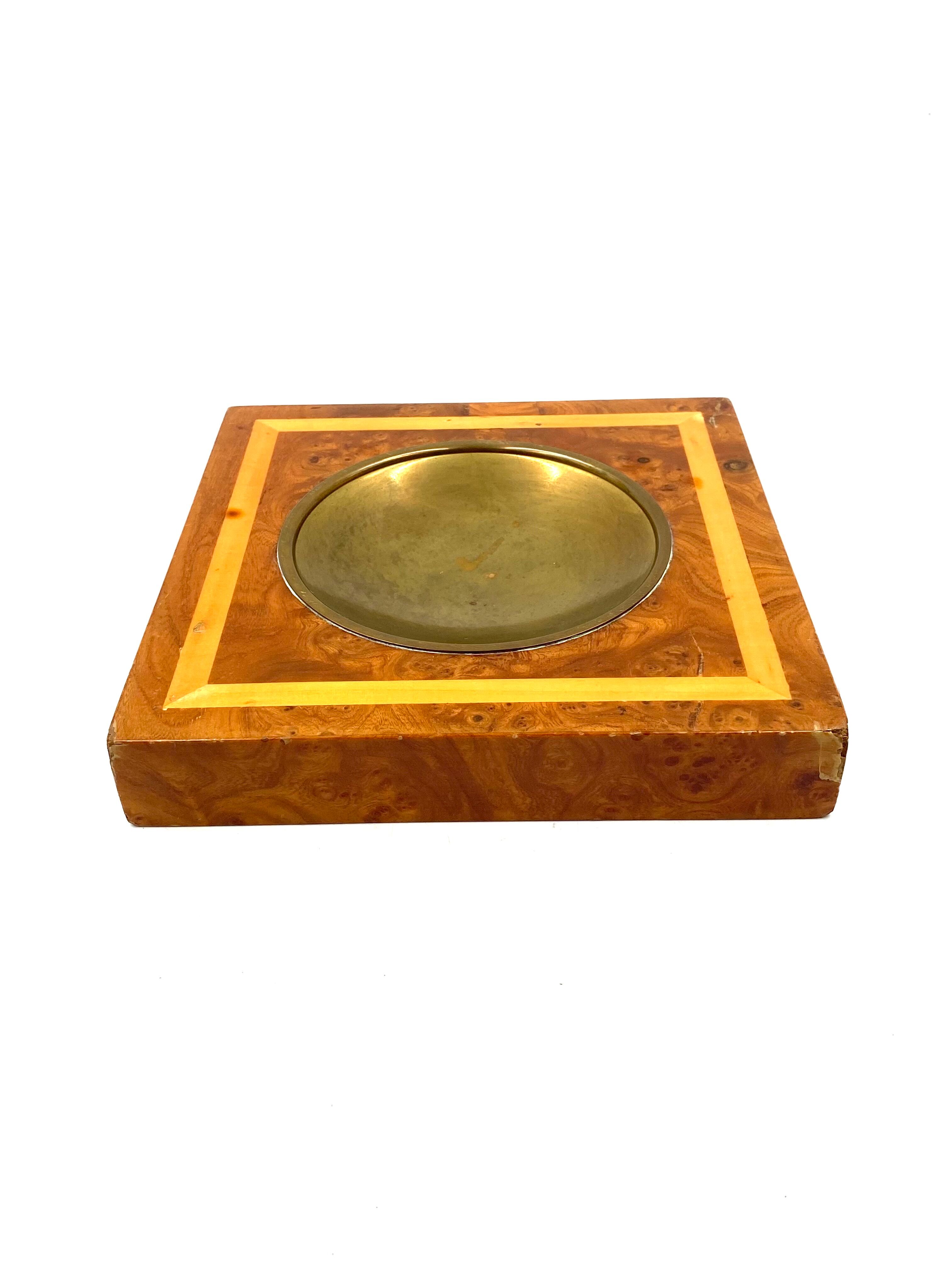 Smoking Set, brass and wood ashtrays, lighter and cigars box, Italy 1970