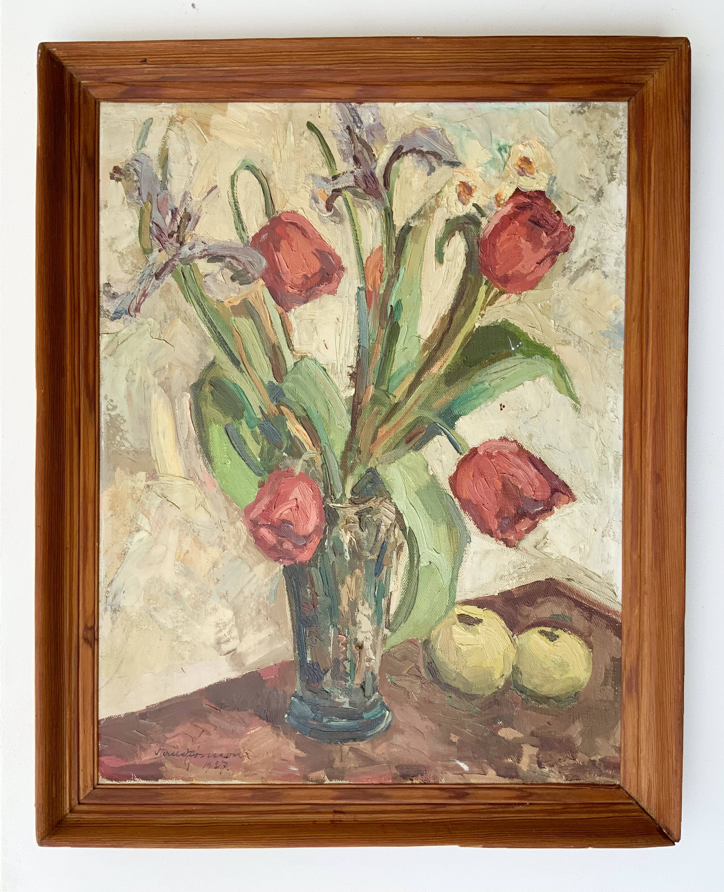Vintage Still life with Tulips and apple, Oil Painting signed by M. Jonsson