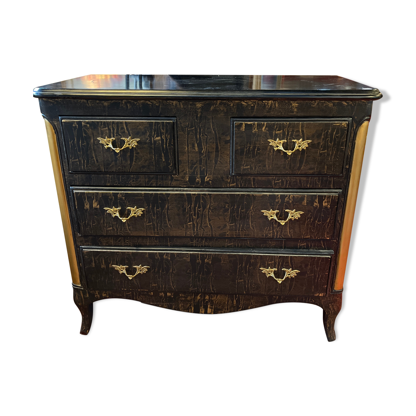 Black painted chest of drawers with golden Japanese bamboo effect