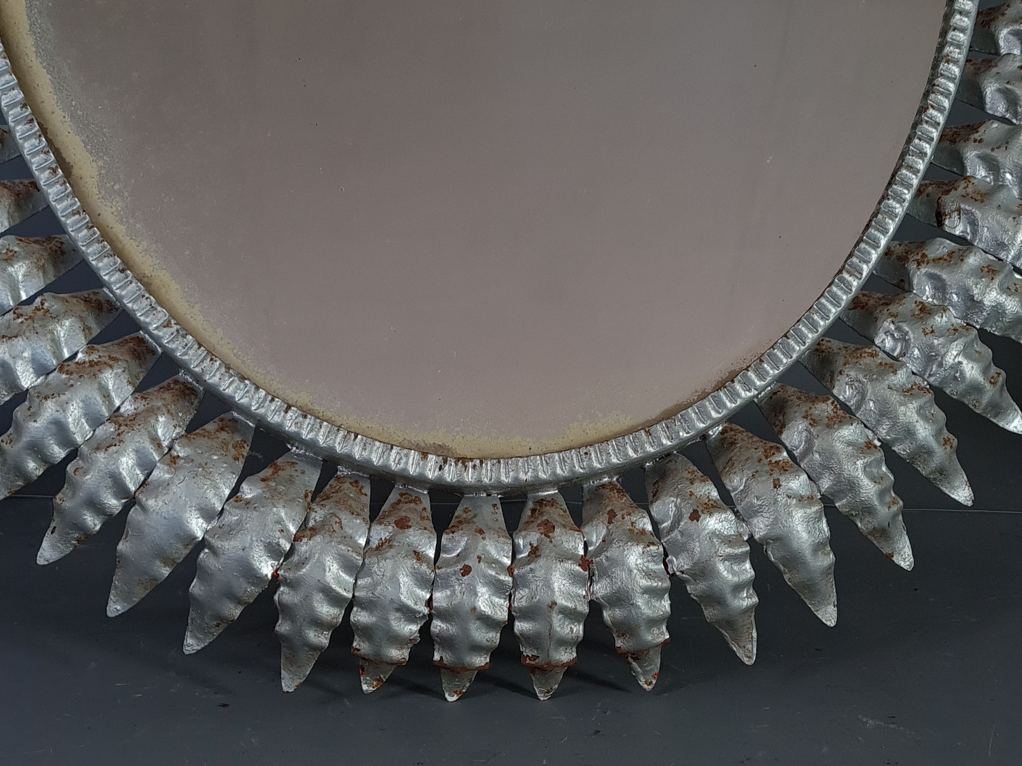 Vintage oval sun mirror 50s, silver metal 76x55 cm SB
