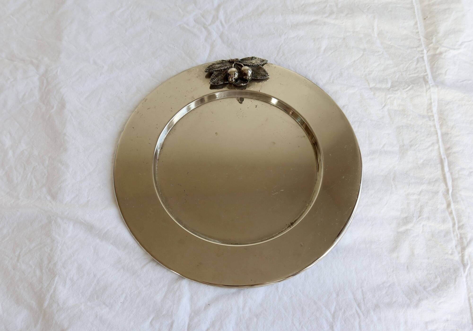 Vintage silver-plated round serving tray cherries