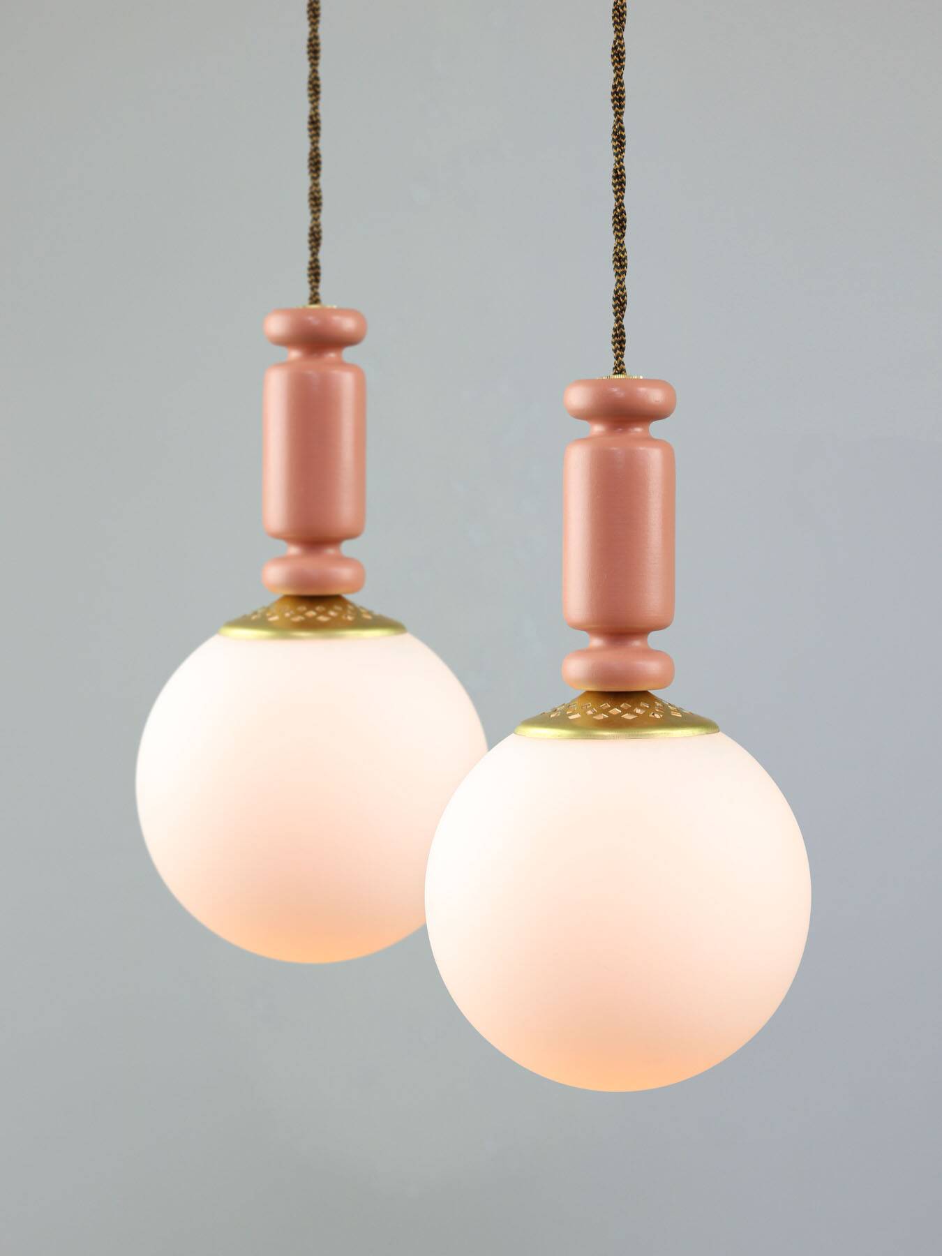 Mid-Century Italian Brass & Opaline Glass Pendant Lamps, Set of 2