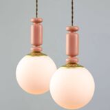 Mid-Century Italian Brass & Opaline Glass Pendant Lamps, Set of 2