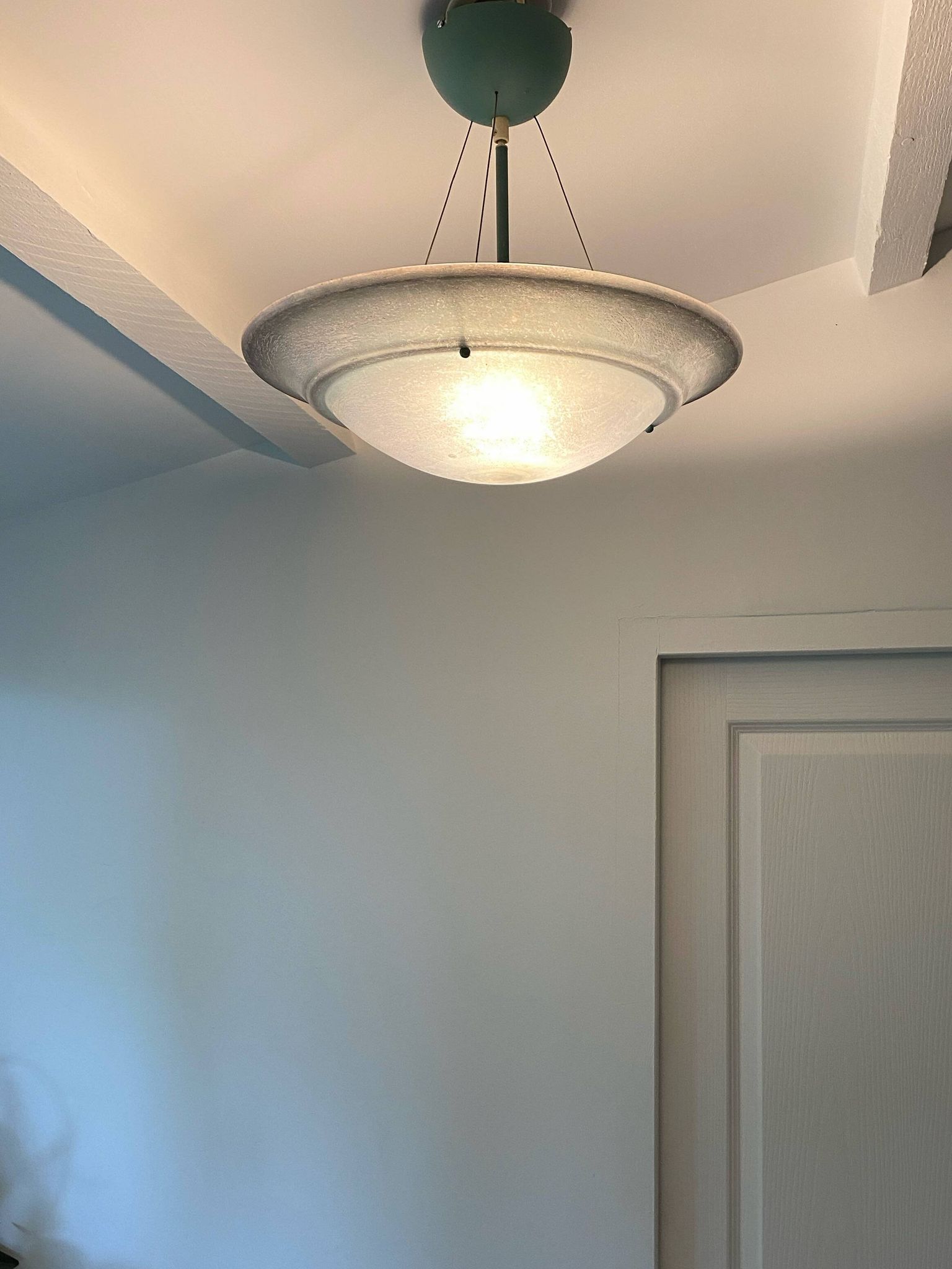 Large vintage lustra suspension light fixture large translucent green basin - SCE made in France