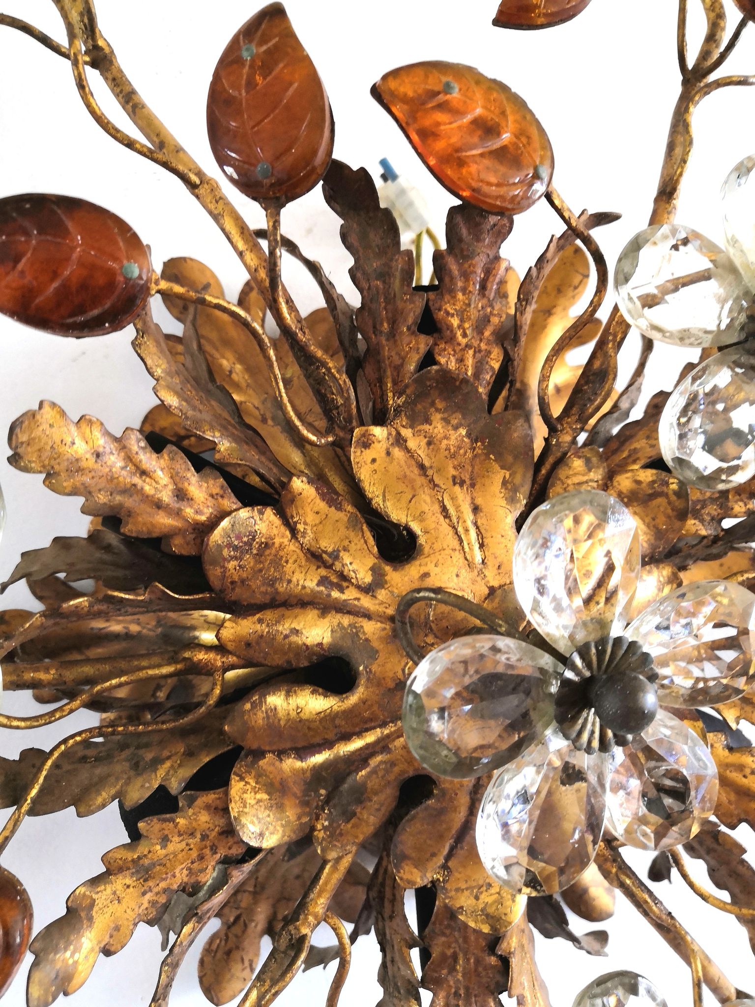 Italian ceiling lamp of Florence House Banci gilded and murano glasses design 70s