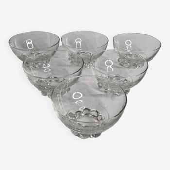 Set of six engraved crystal bowls in Art Deco style on spherical feet