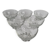 Set of six engraved crystal bowls in Art Deco style on spherical feet