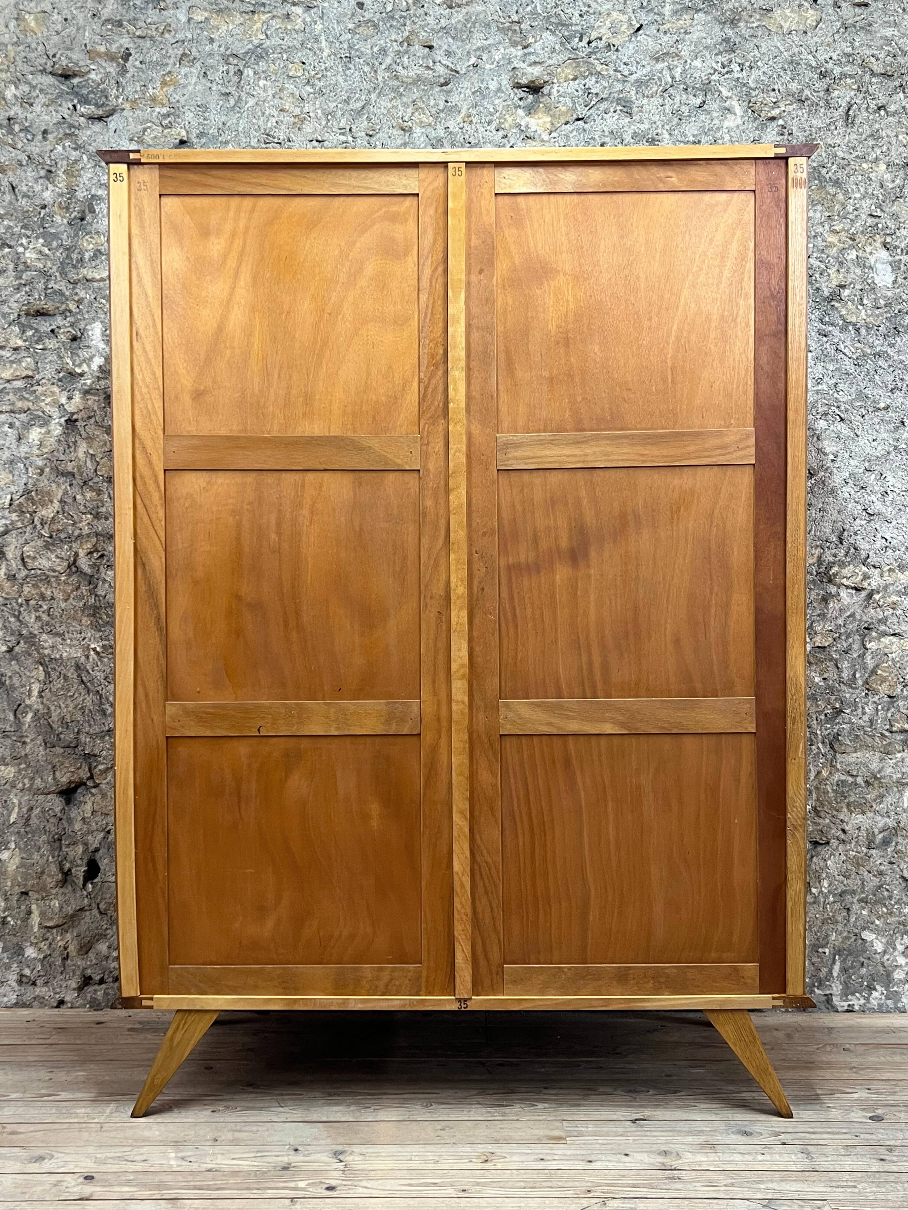 2 Door Wardrobe - Oak and Rattan - Compass Feet - Vintage 50/60's