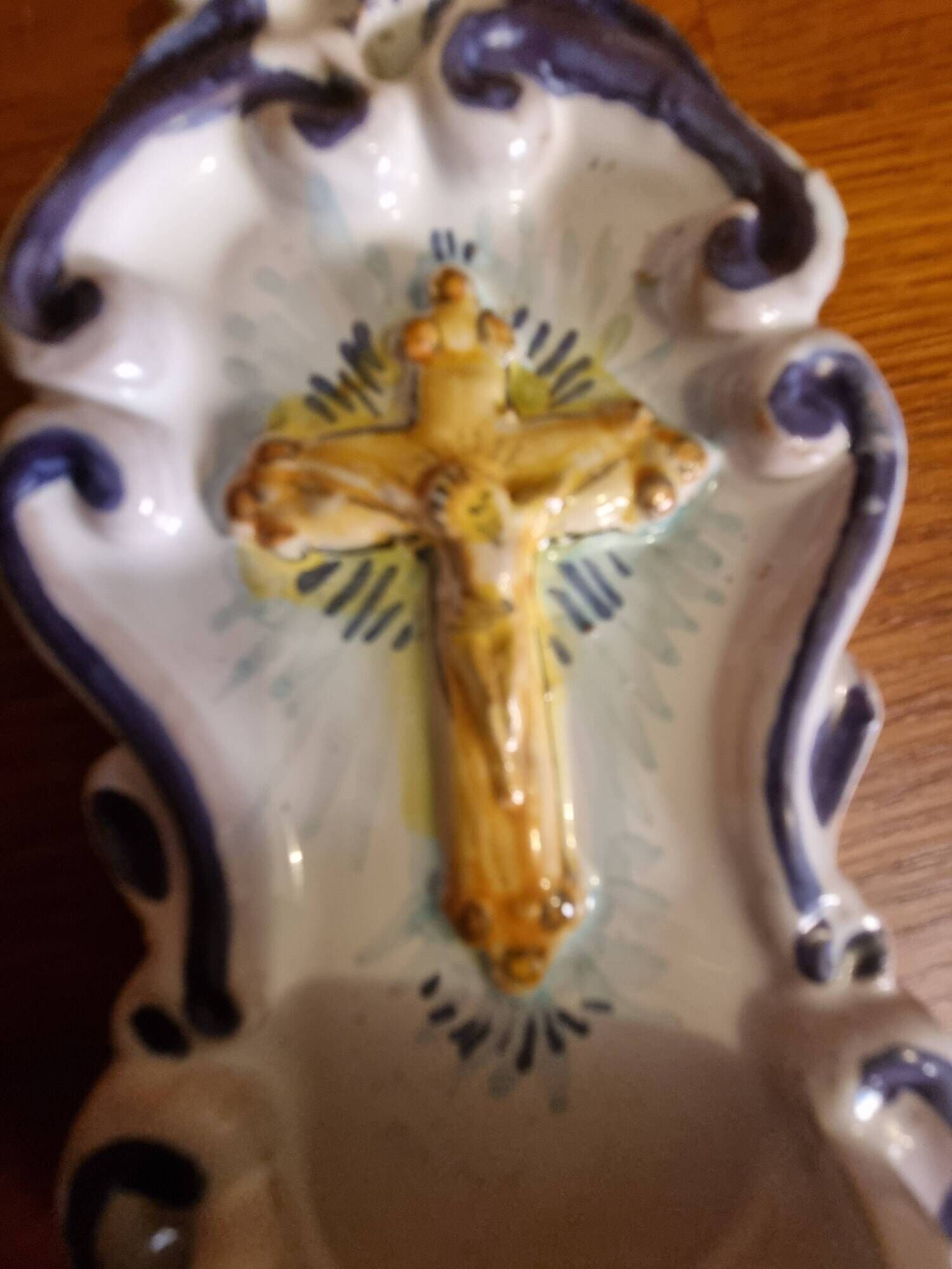 Antique enamelled faience holy water font with crucifix by Famulari Santo Stefeno.