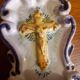 Antique enamelled faience holy water font with crucifix by Famulari Santo Stefeno.