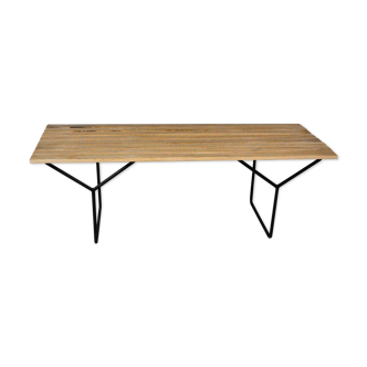 Metal feet and latte in oak bench