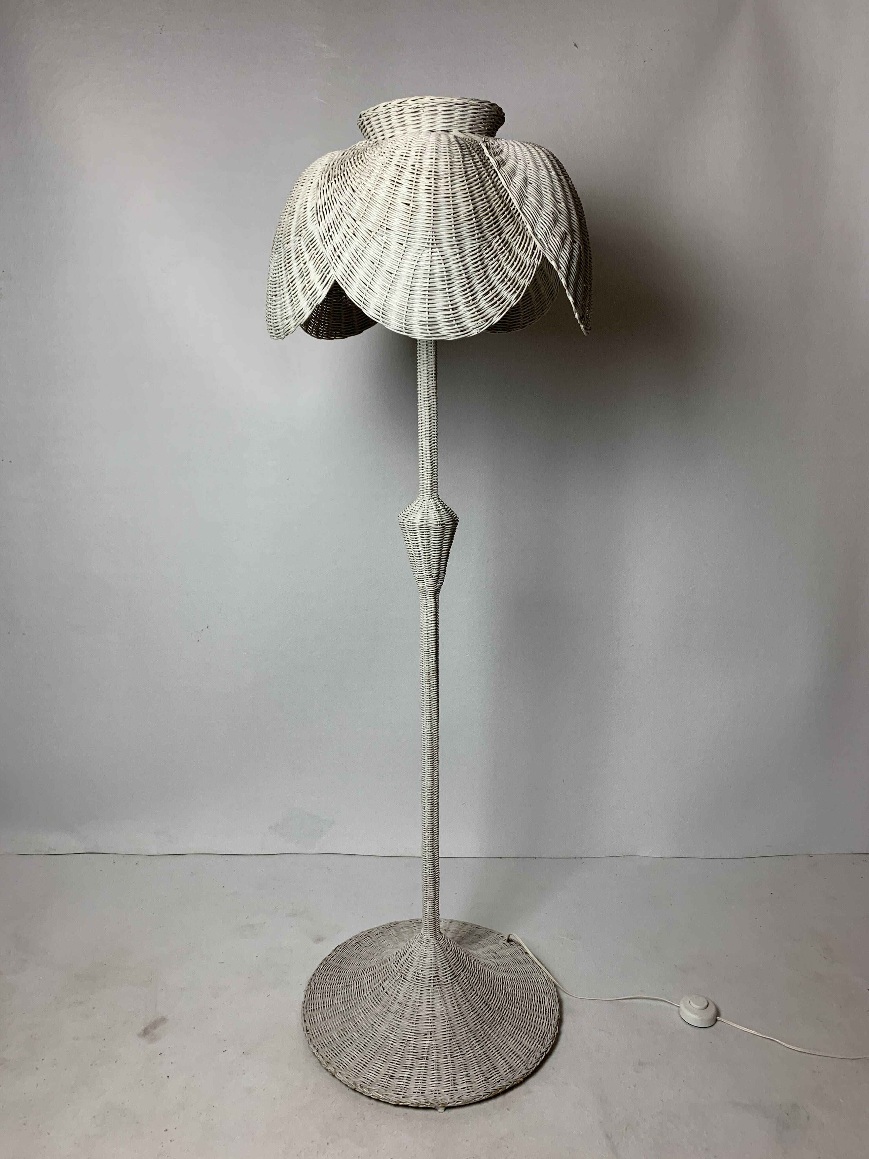 Mid-century French rattan wicker boho floor lamp, 1950s-1960s
