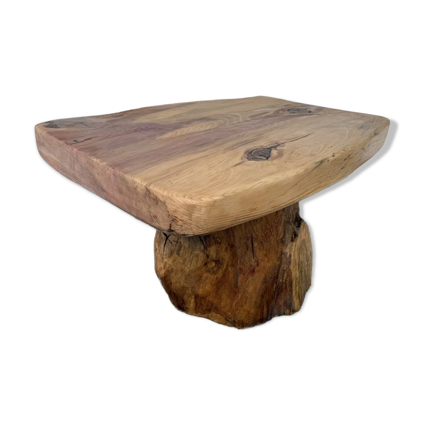 Organic brutalist coffee table in solid cedar, trunk pedestal, 1970s.