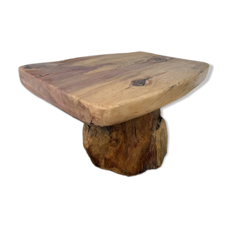 Organic brutalist coffee table in solid cedar, trunk pedestal, 1970s.