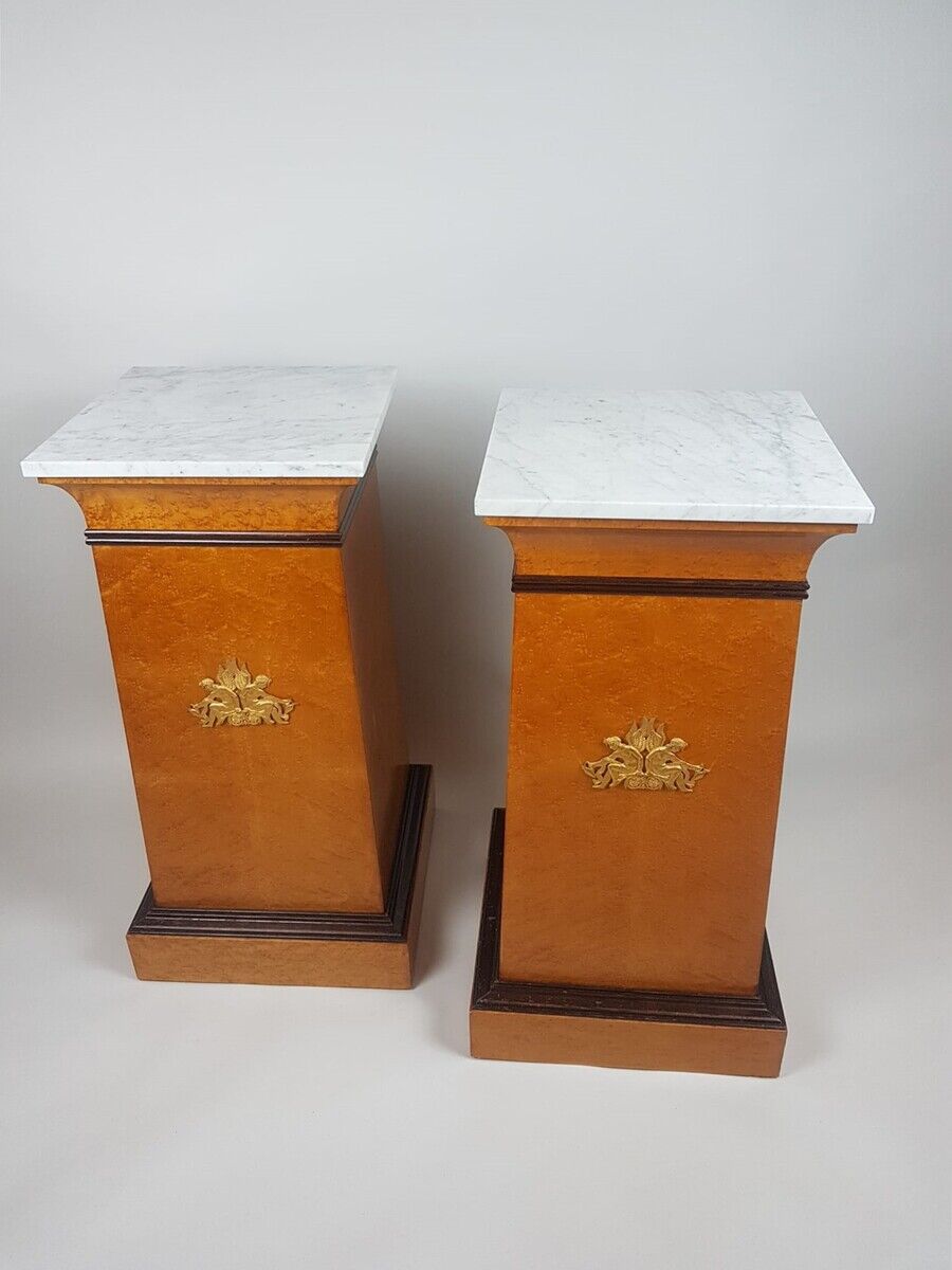 Pair of empire style columns - cedar burl plating - brass and marble