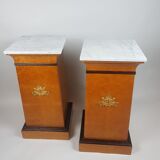 Pair of empire style columns - cedar burl plating - brass and marble