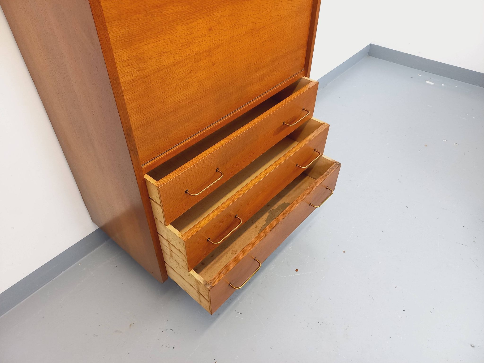 Vintage oak secretary storage furniture from the 1950s and 60s.