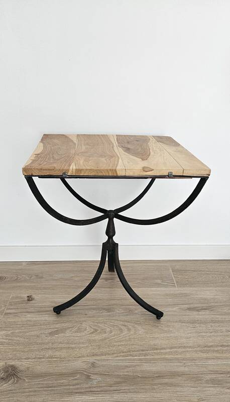 Oak and metal side table — industrial / art deco design