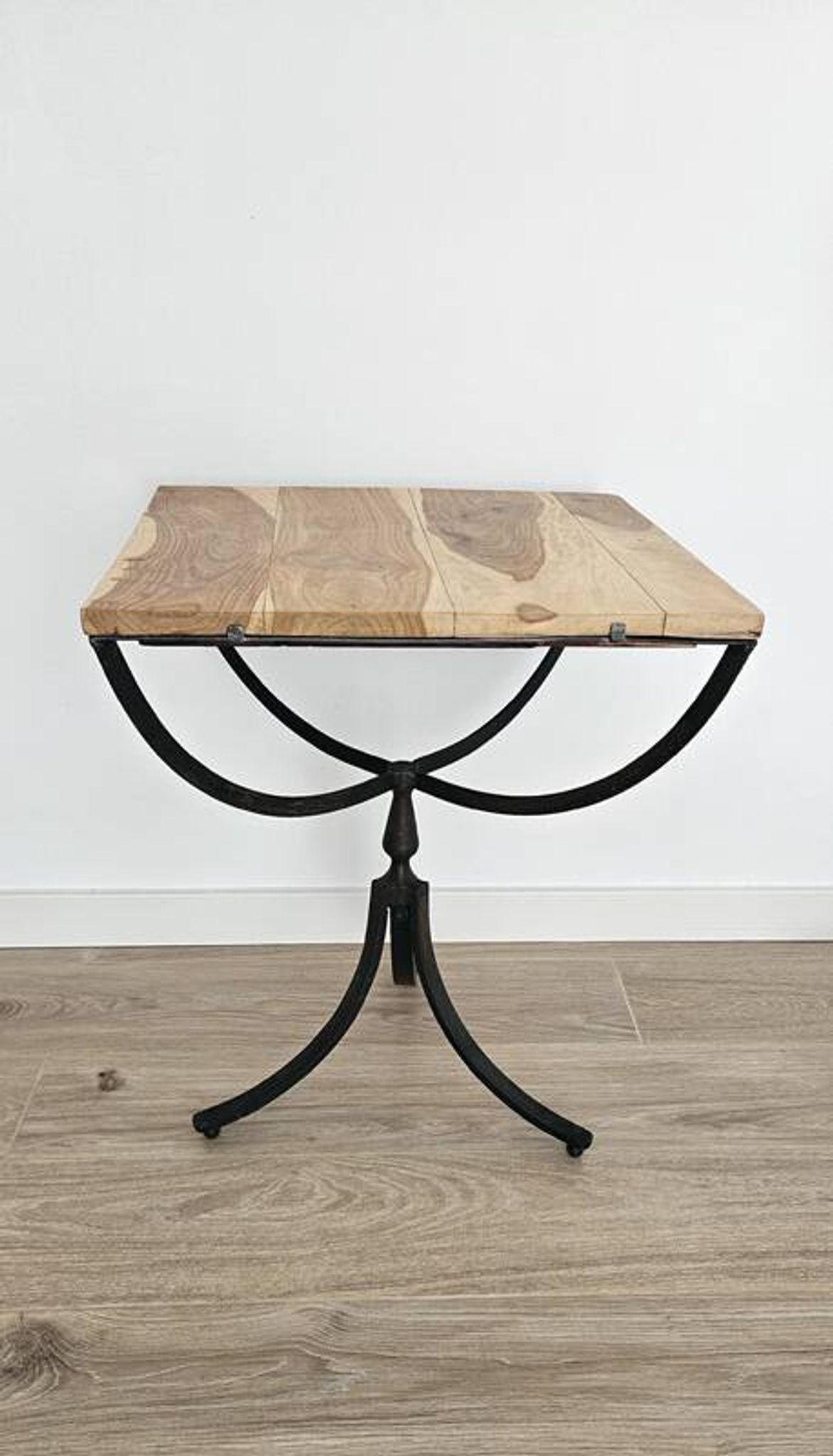 Oak and metal side table — industrial / art deco design