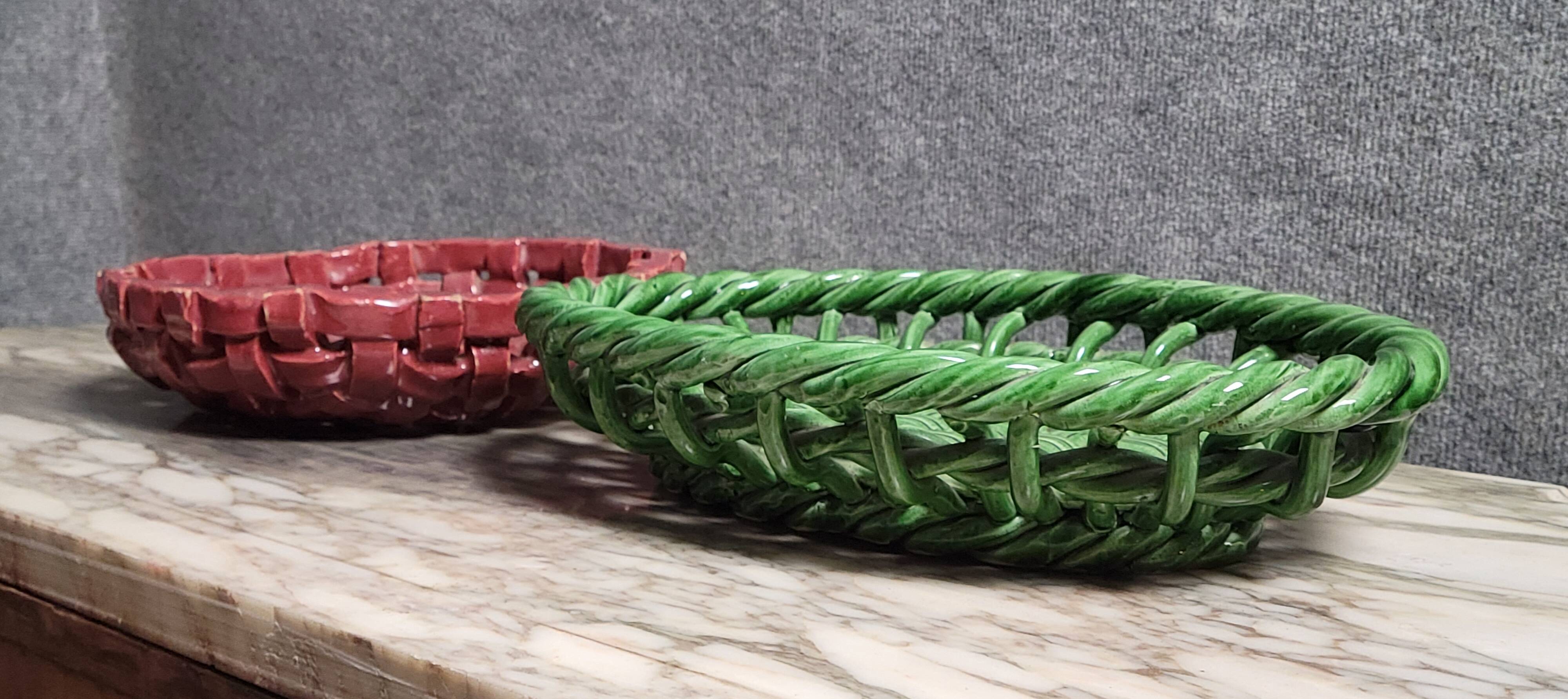 Two woven ceramic fruit baskets/centerpieces