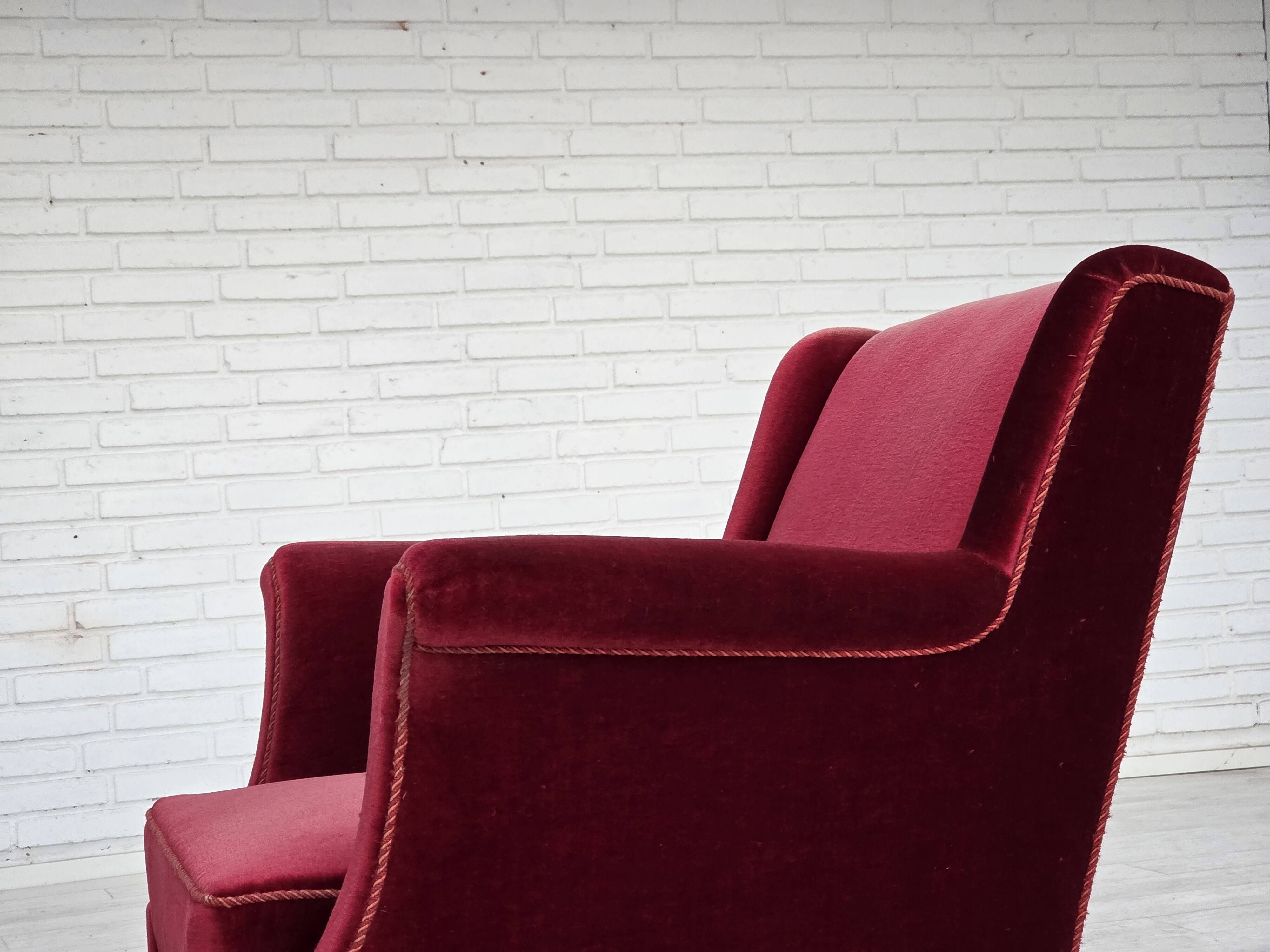 1960s, Danish armchair, cherry-red furniture velour, ash wood, original.