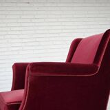 1960s, Danish armchair, cherry-red furniture velour, ash wood, original.