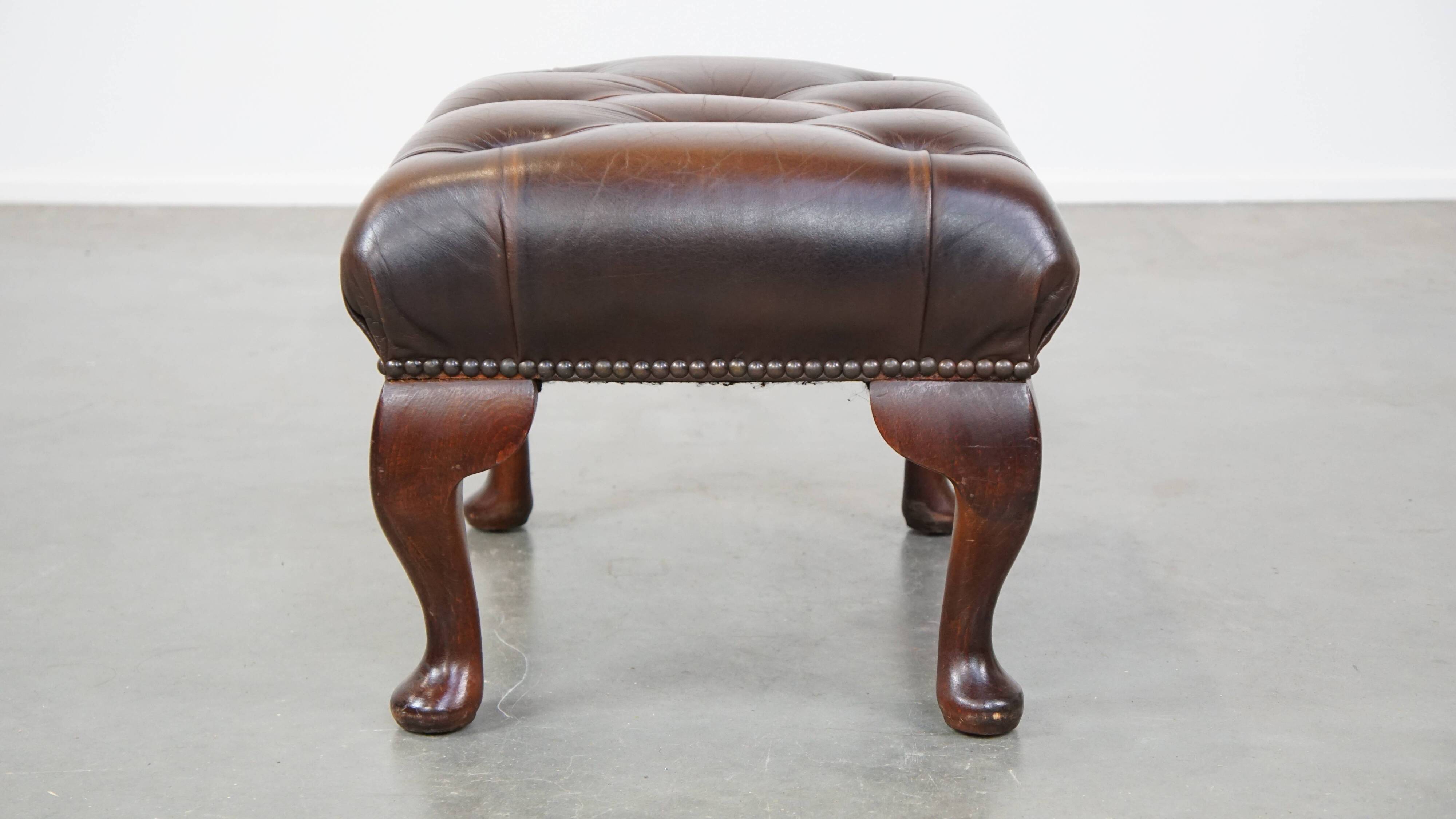 Dark brown cowhide leather Chesterfield ottoman