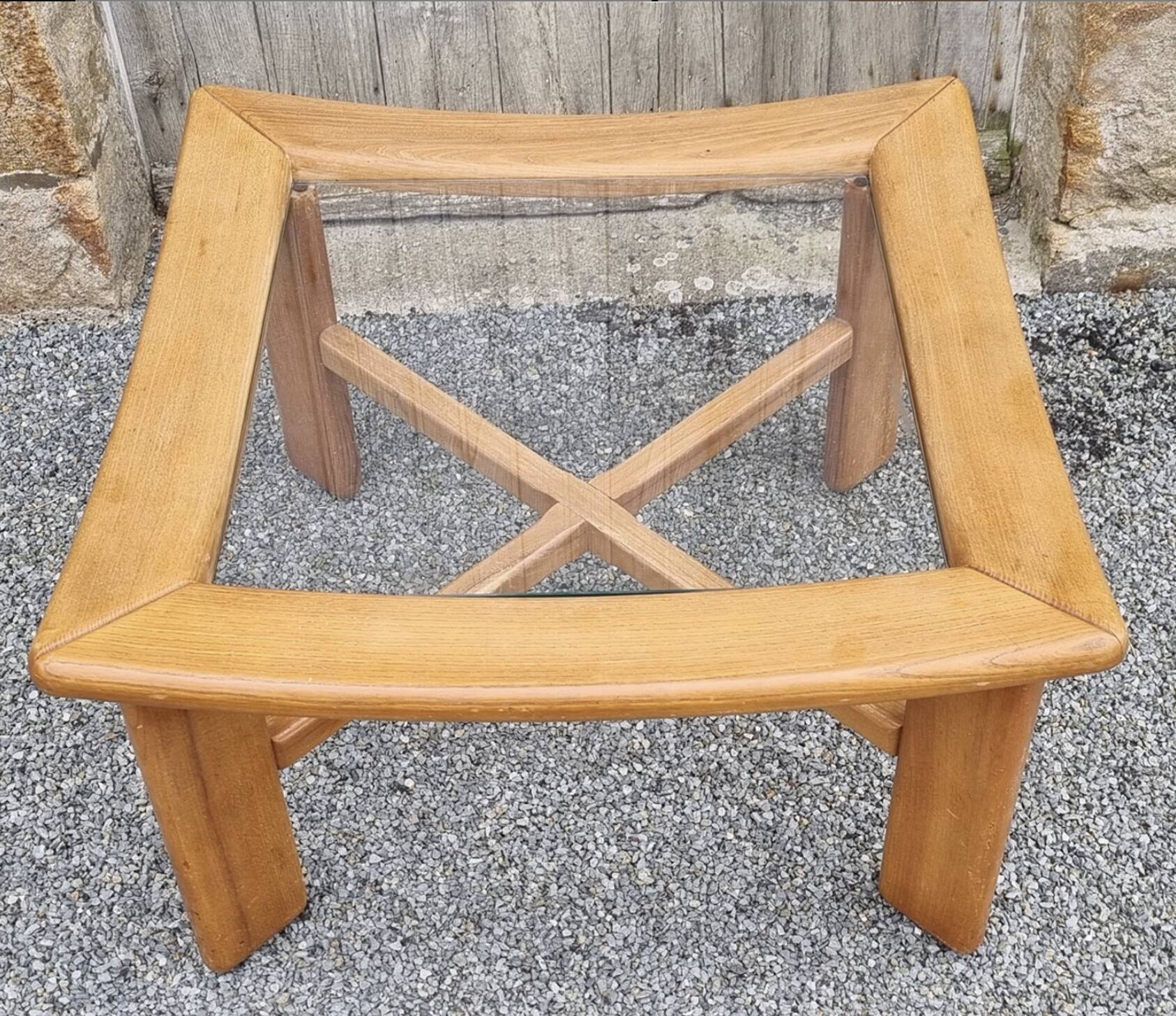Scandinavian design coffee table, solid wood and glass, vintage, 70s