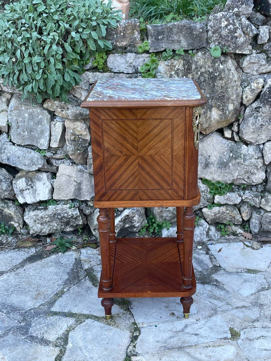 Bedside table in wood marquetry from the 19th century