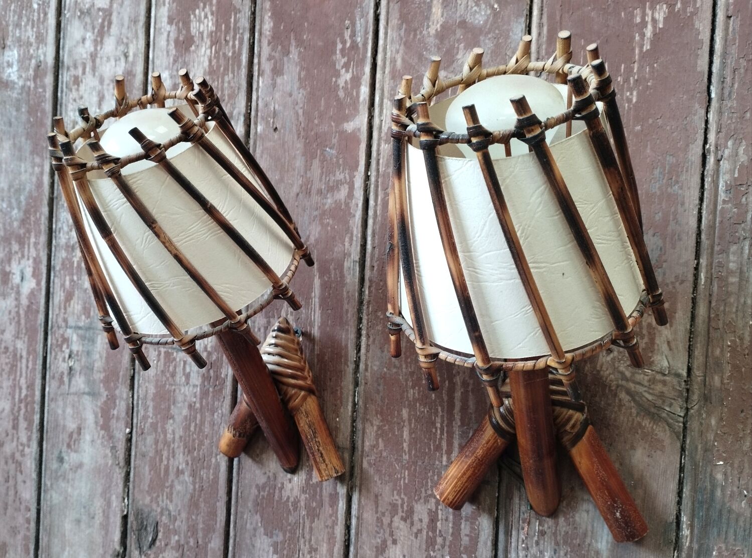 Pair of vintage rattan and bamboo wall lights
