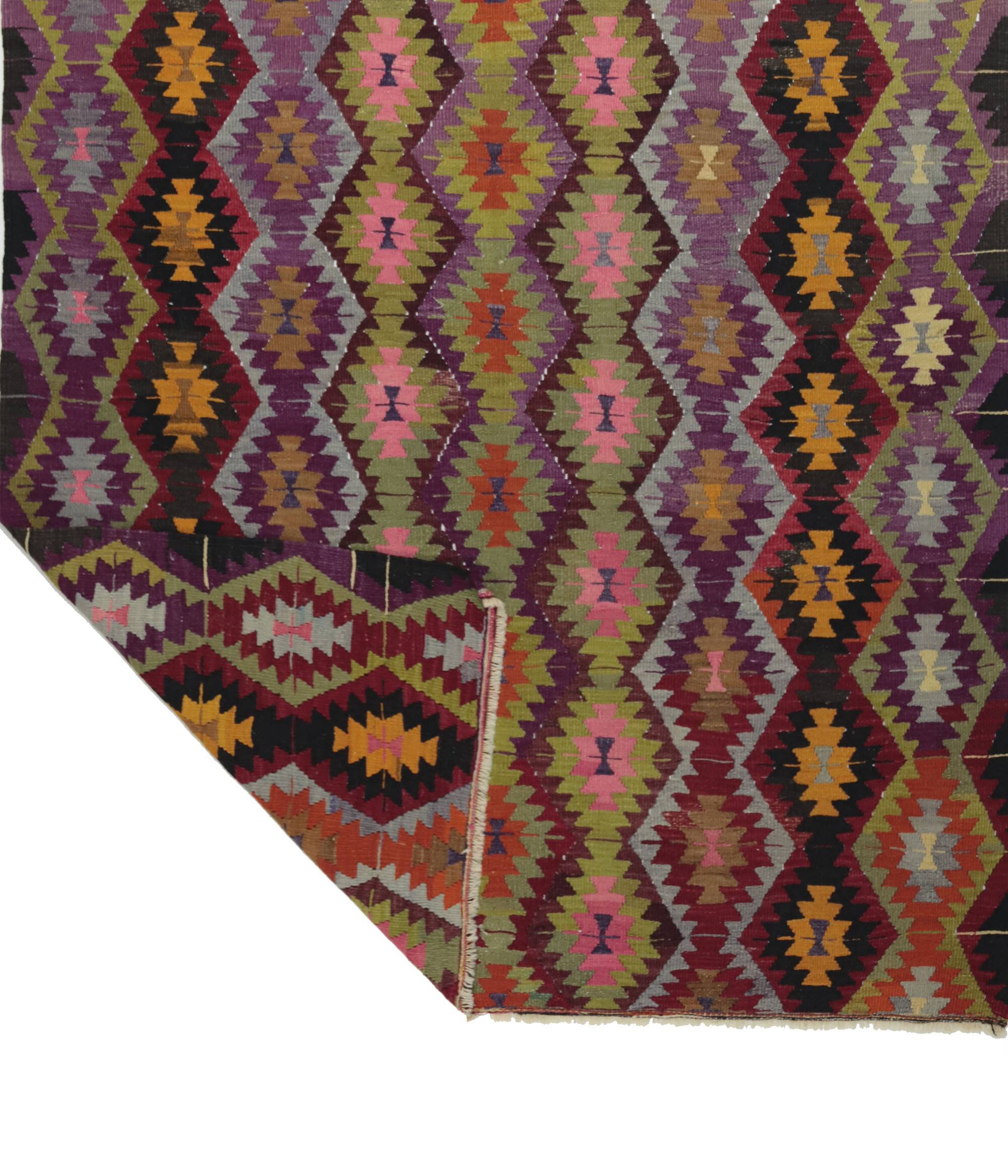 Turkish Kilim Yuruk Vintage 165x275 cm Geometric Pink Green Yellow