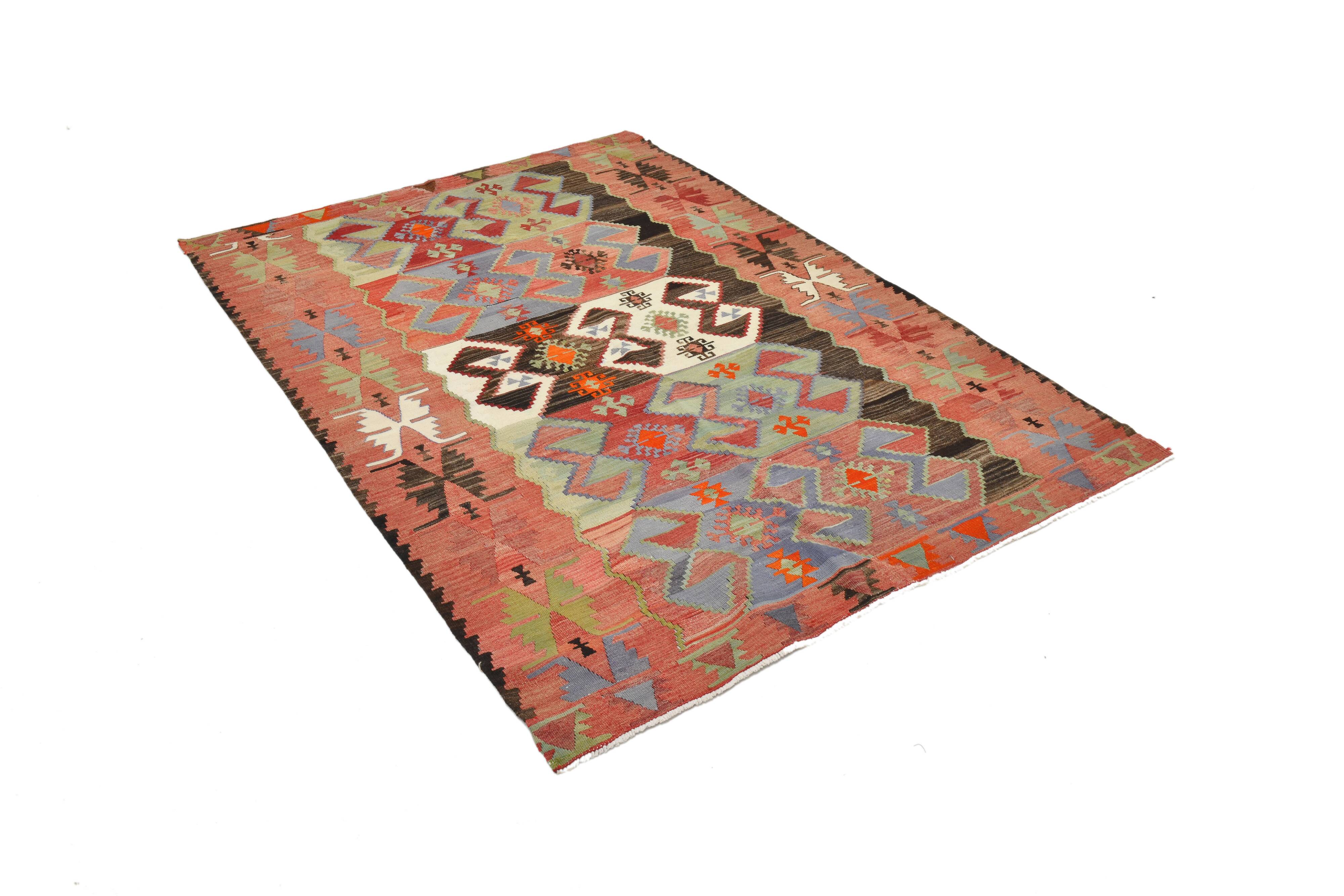 4x6 Red & Green Geometric Persian Kilim Rug, 132x194Cm