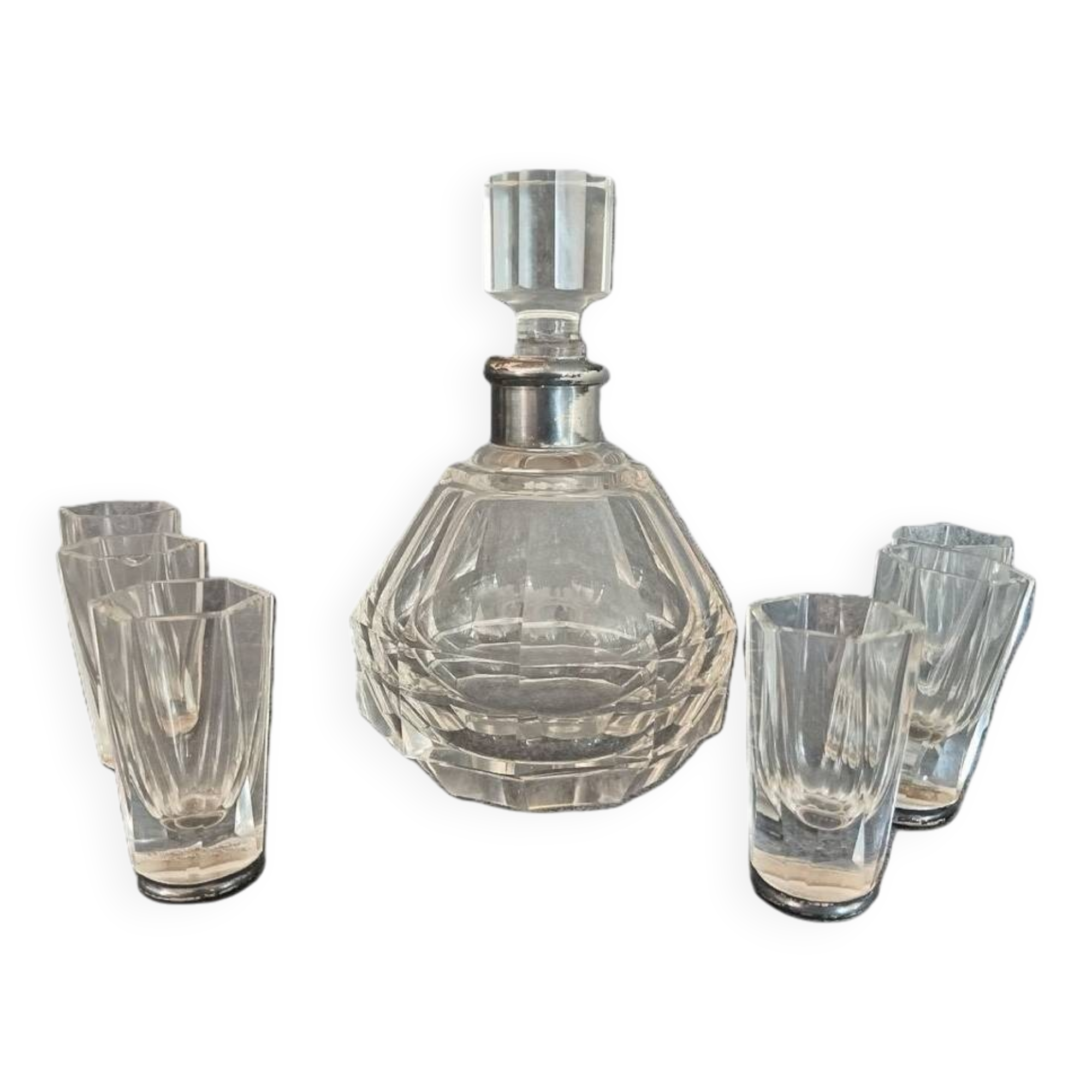 Antique liqueur set, decanter and 6 thick cut crystal glasses