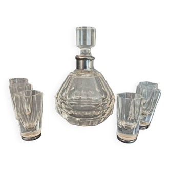 Antique liqueur set, decanter and 6 thick cut crystal glasses