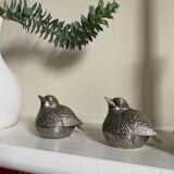 Duo of salt shaker and pepper in the shape of a bird in silver metal and its basket