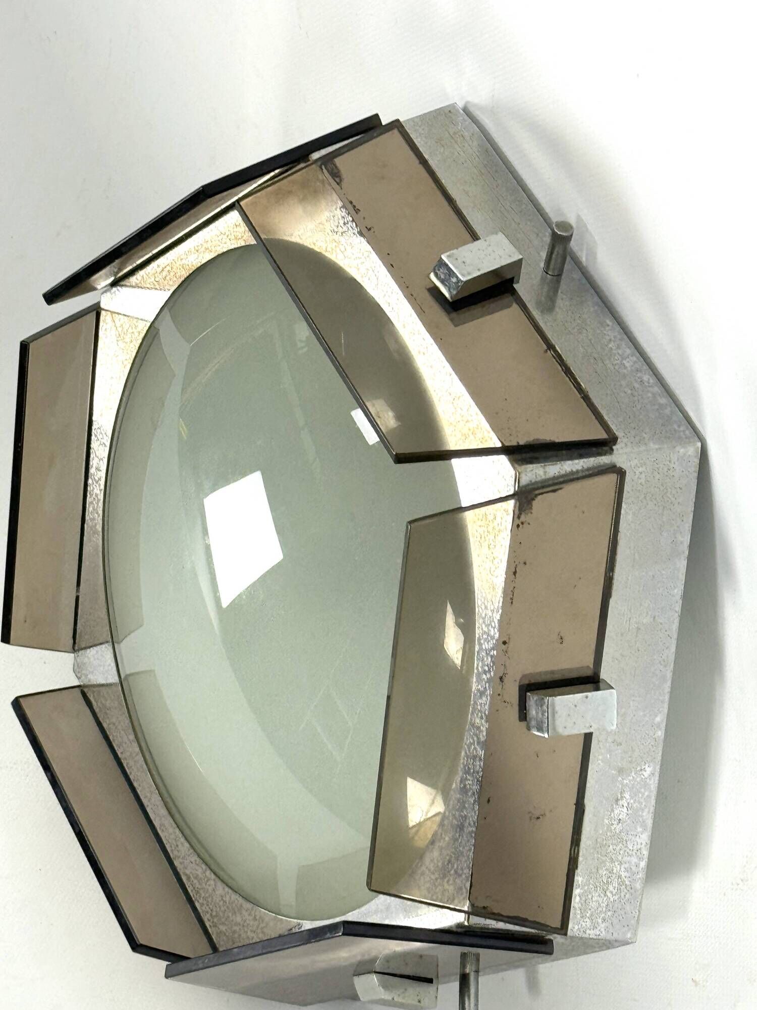 Veca, large exagonal ceiling lamp in glass and chrome. Italy 1970s