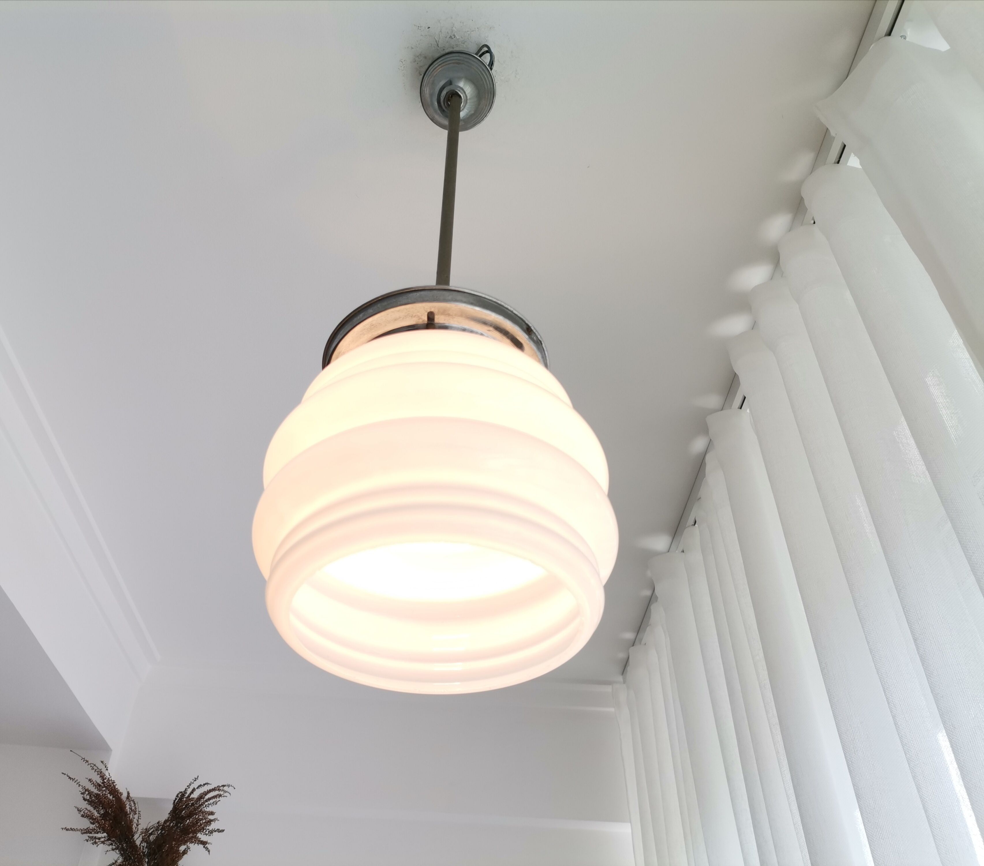 Art Deco white opal glass hanging lamp