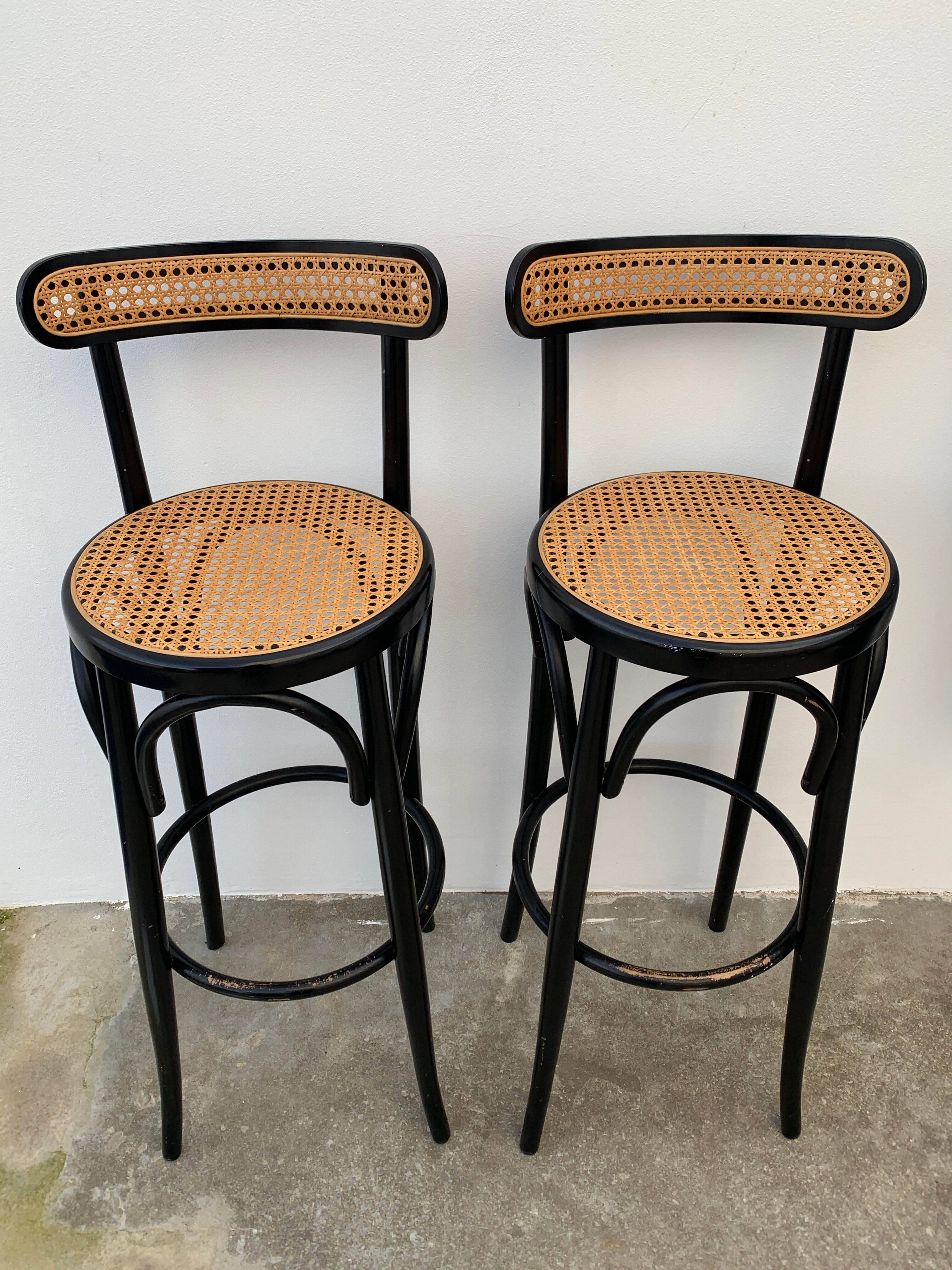 Pair of high canne stools or black curved wooden bar chairs, 1970