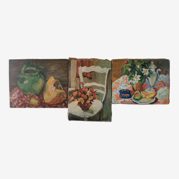 Set de 3 peintures nature morte anciennes