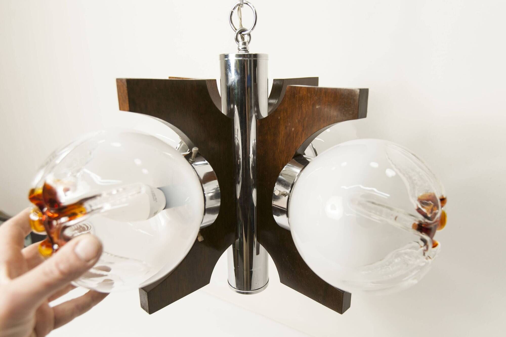 Lustre mazzega Murano 4 boules et teck 1960